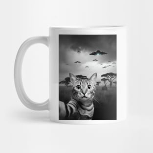 Selfie of Funny Cat And Aliens UFOs in African Savanna Mug